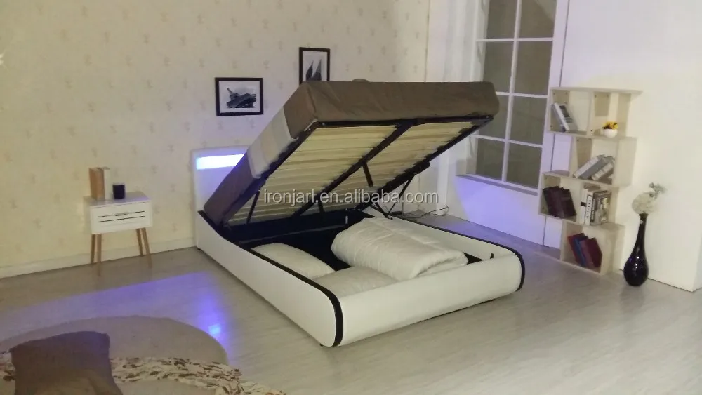 Led Lights Ottoman Storage Black Faux Leather Bed Double Size Buy Led