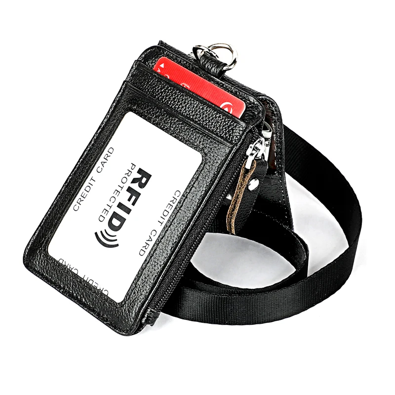 

Slim purse unisex RFID blocking genuine leather ID credit card holder wallet with lanyard zipper pocket, Black