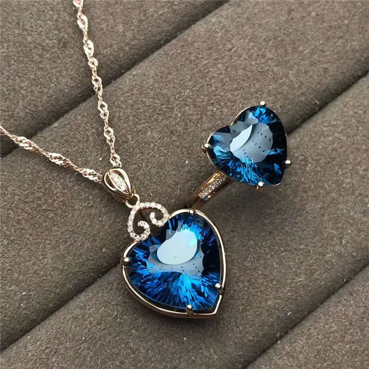 

romantic statement wedding gemstone jewelry 18k gold natural Swiss blue necklace pendant ring set