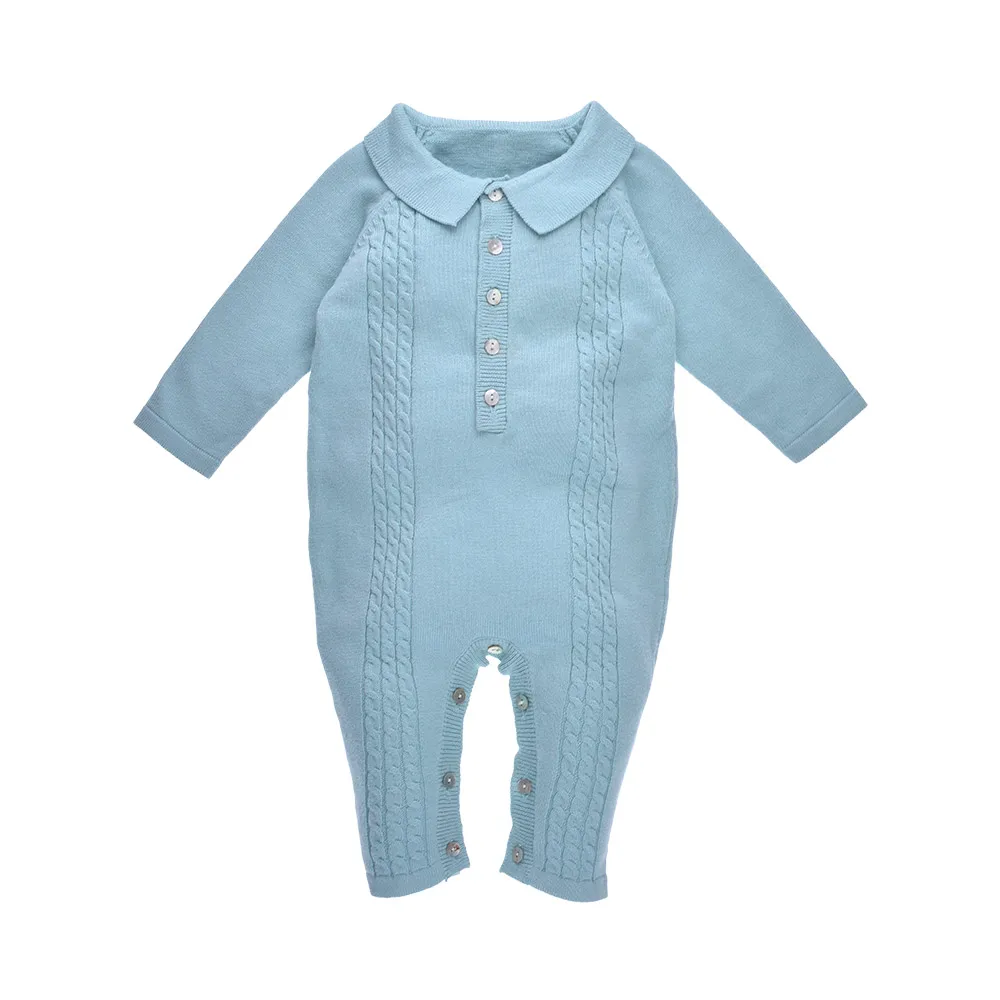 

Free Sample Wholesale Turn Down Collar Cable Rib Knitted Winter Baby Boys Romper, Light blue