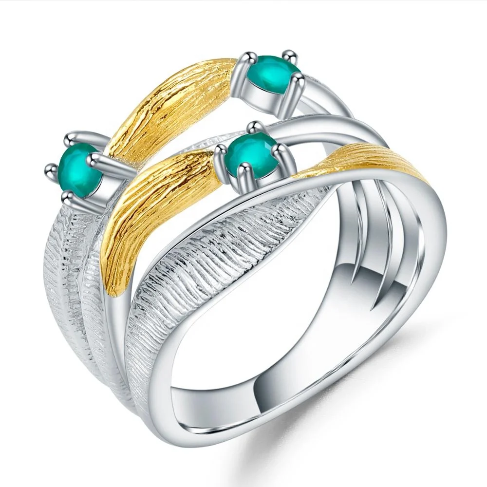 

C7870 Abiding natural green agate gemstone twisted finger gold plated jewellery sterling silver ring women