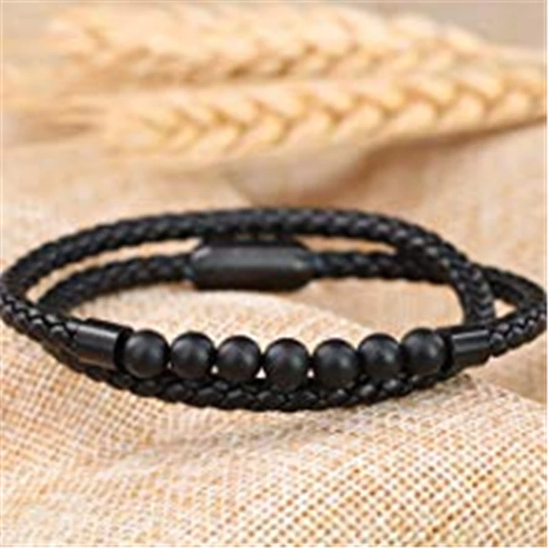 Fashion stainless steel magnet buckle genuine leather agate double layer bead bracelet