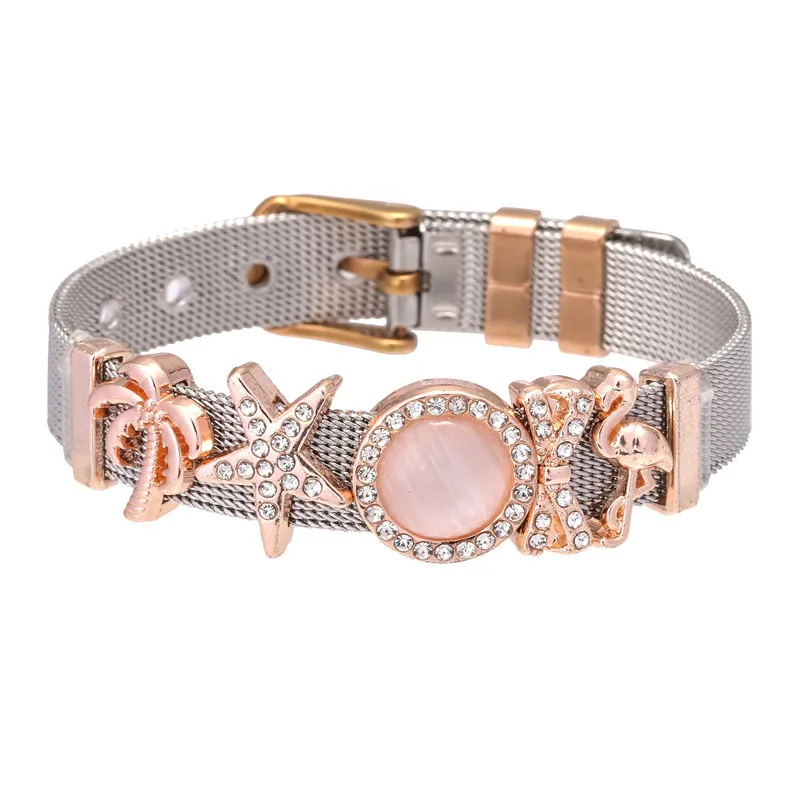 

Summer Jewelry free style Flamingo cocoa tree Charms Bracelet Two tone Slide Charms Stainless Steel Strap Charm Mesh Bracelet, Picture