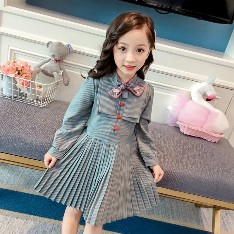 

High Quality Wholesale 2021 New Design Long Sleeve Pleated Shirt Dress For Little Girls