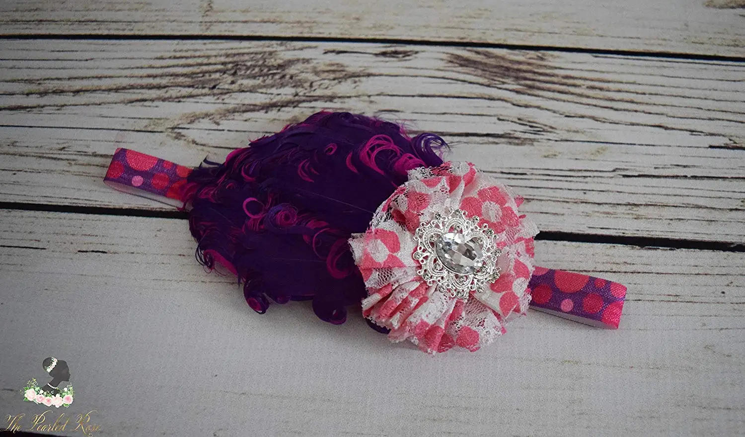 Handcrafted 1920s Inspired Polka Dot Feather Headband - White Purple and Hot Pink Baby Headband - Vintage Style Baby Girl Headband - Bows