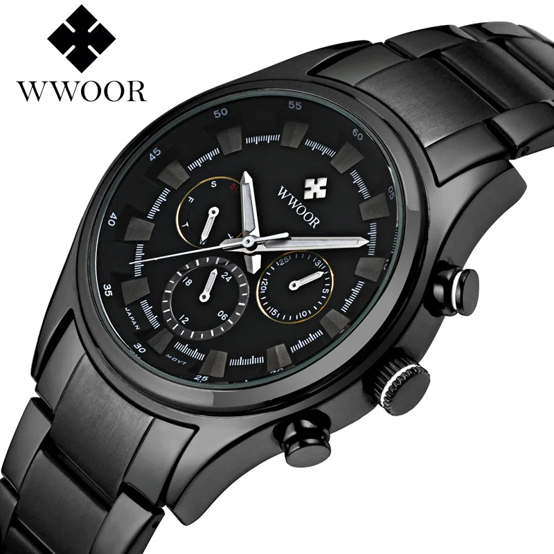 

WWOOR 8015 Wholesale Stainless Steel Band Japanese Movement Man Watch Sport Waterproof Quartz Watch, As the picture