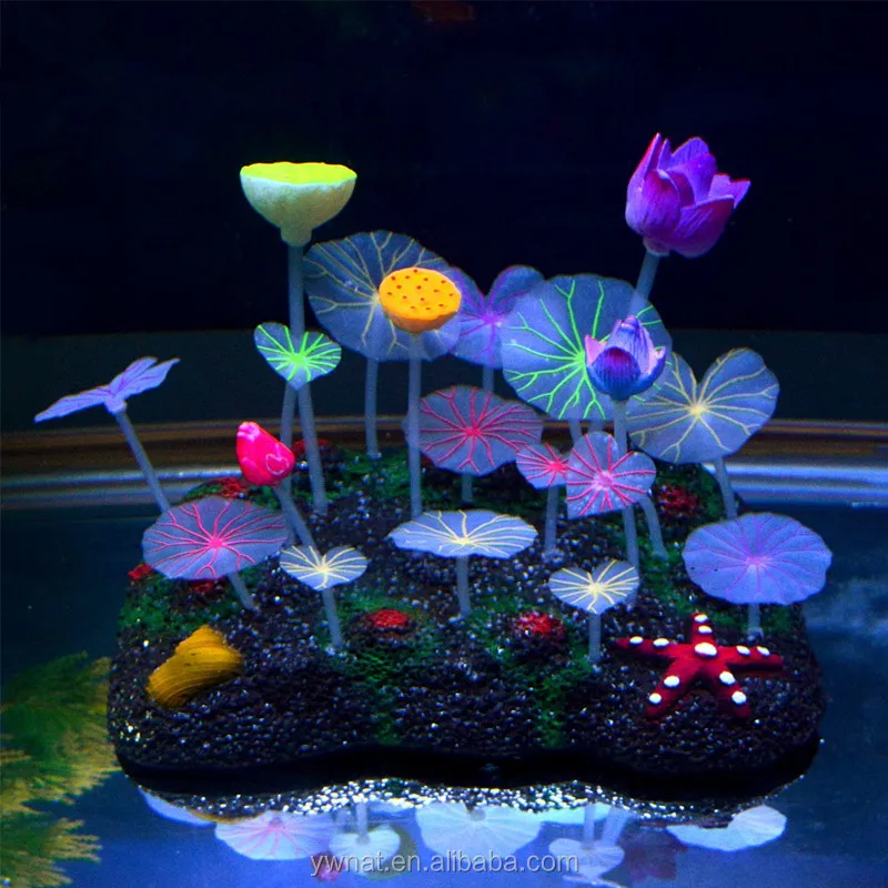 UEETEK Lotus for Aquarium Decor,Luminous Glowing Effect Artificial Colorful Lotus with 9Pcs Leaves for Fish Tank Decoration Aquarium Ornament