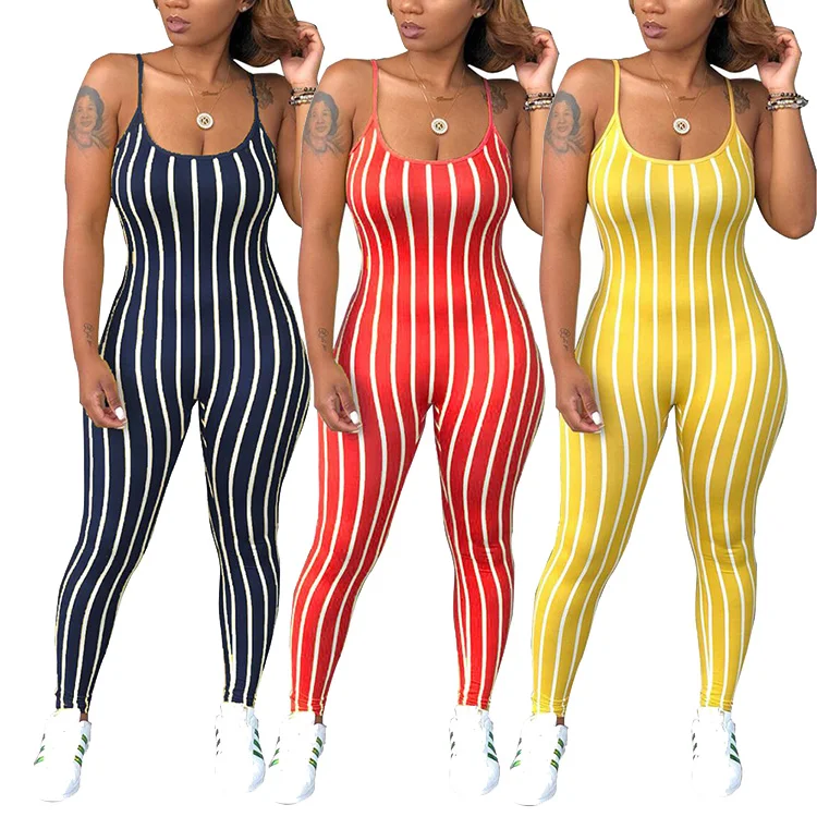 

Drop Shipping 4 Color Summer Sexy Vertical Striped Jumpsuit Women, Blue;yellow;black;red