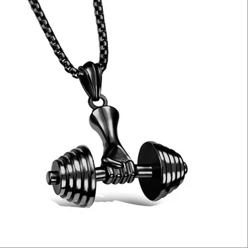 

Man Gym Sport Fitness Titanium Steel Barbell Dumbbell Pendant Necklace Jewelry gold plated necklace