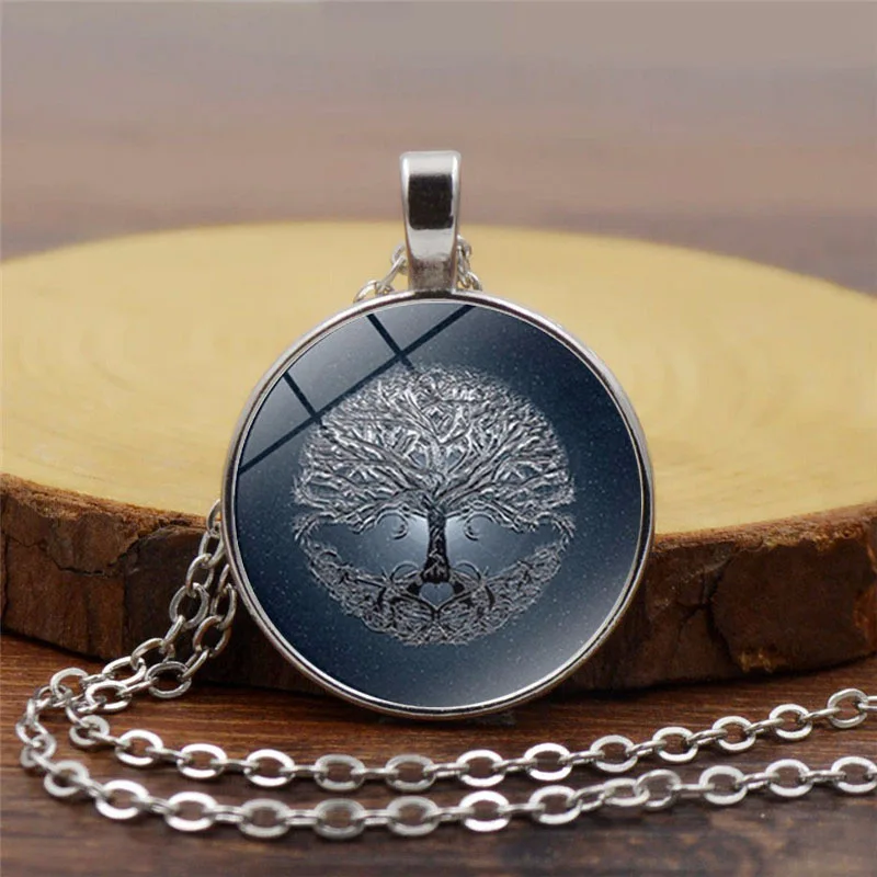 

Lady Gift Jewelry Symmetry Tree of Life Pendant Necklace Vintage Round Glass Time Stone Tree of Life Necklace, Vintage gold,silver,black