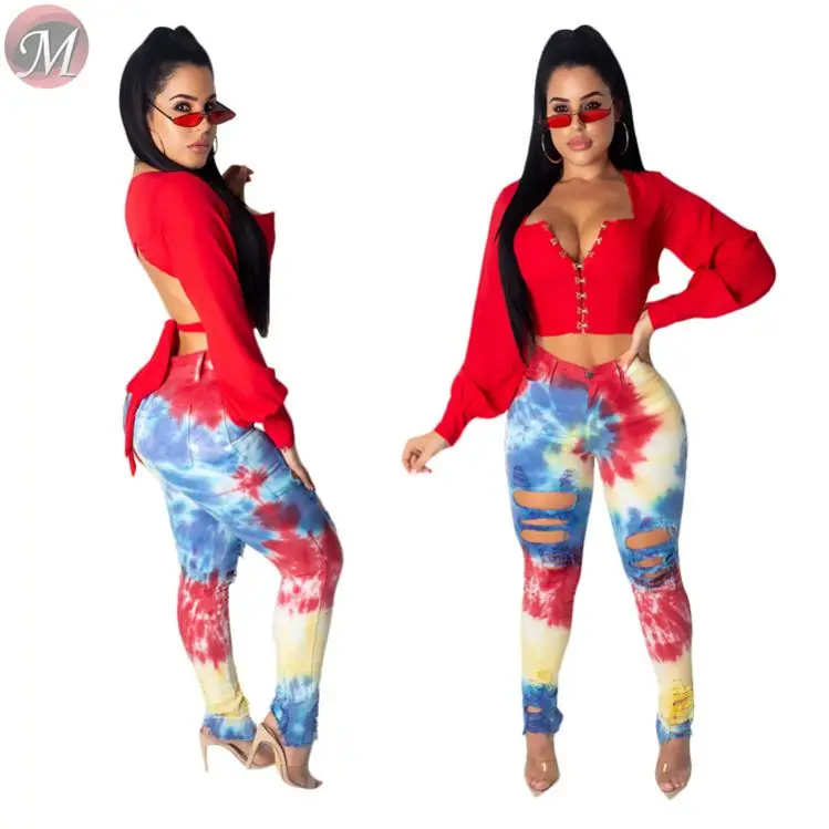9071826 queenmoen summer 2020 wholesale distressed ripped tie dye print woman long skinny jeans