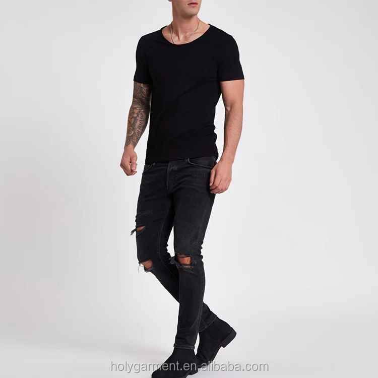 Men's Clothing Essential Blank Black Tee Man Muscle Fit Tshirts Scoop ...