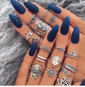 Fashion Women Bohemian Vintage Crown Wave Flower Heart Lotus Star Leaf Crystal Joint Ring Party Jewelry Silver Rings Set