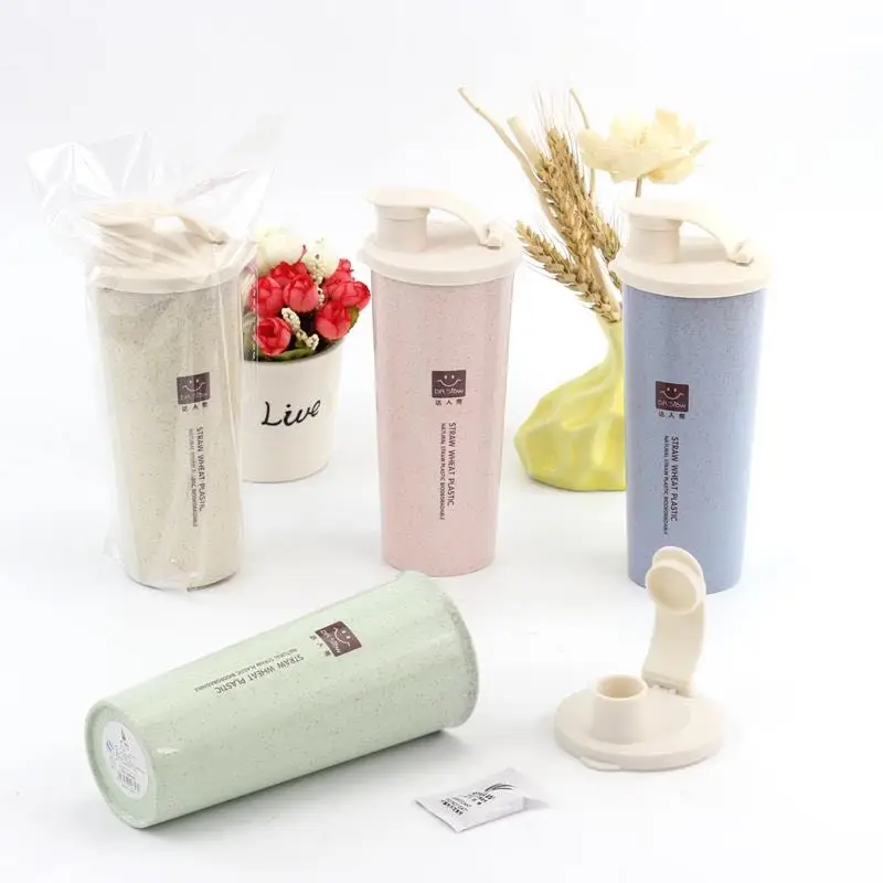 

Eco Friendly No Leakproof Pink Protein Shaker Wheat Straw Water Bottle With Logo 450ml, 4 colors