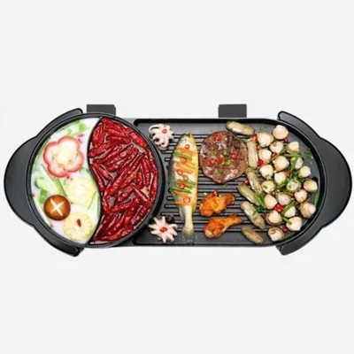 

Household smokeless BBQ grill with hot pot, Black