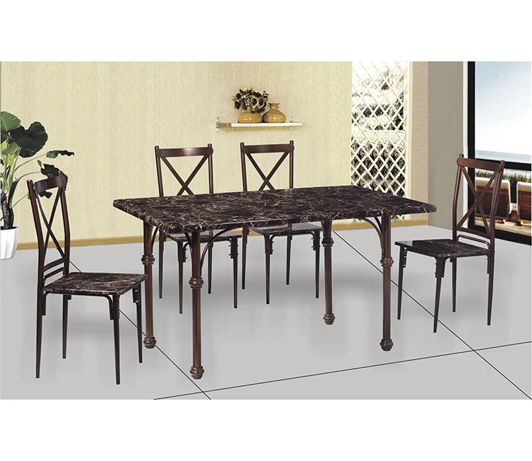 Antique style 5-Piece Dining Table Set Faux wood Marble top and Copper Chairs for Dining Room Furniture