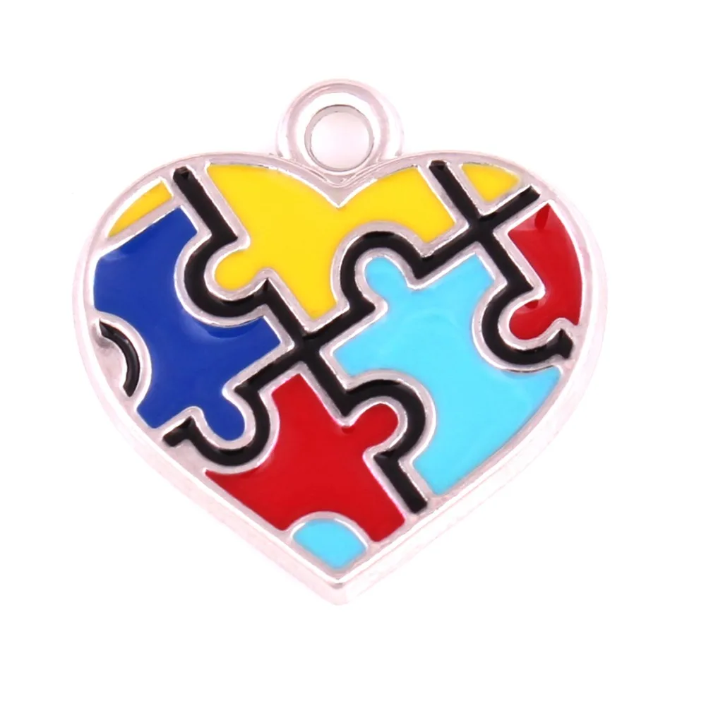 

IMG 0554 Yiwu Huilin jewelry Multicolor enamel Autism Hope Jewelry Heart Puzzle Piece Charm Pendant