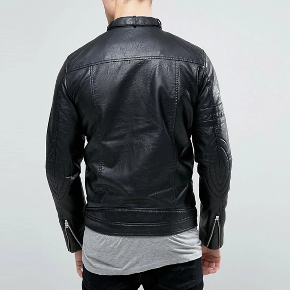 Man Clothes Zipped Cuffs Black Faux Leather Motorcycle Jacket - Buy ...