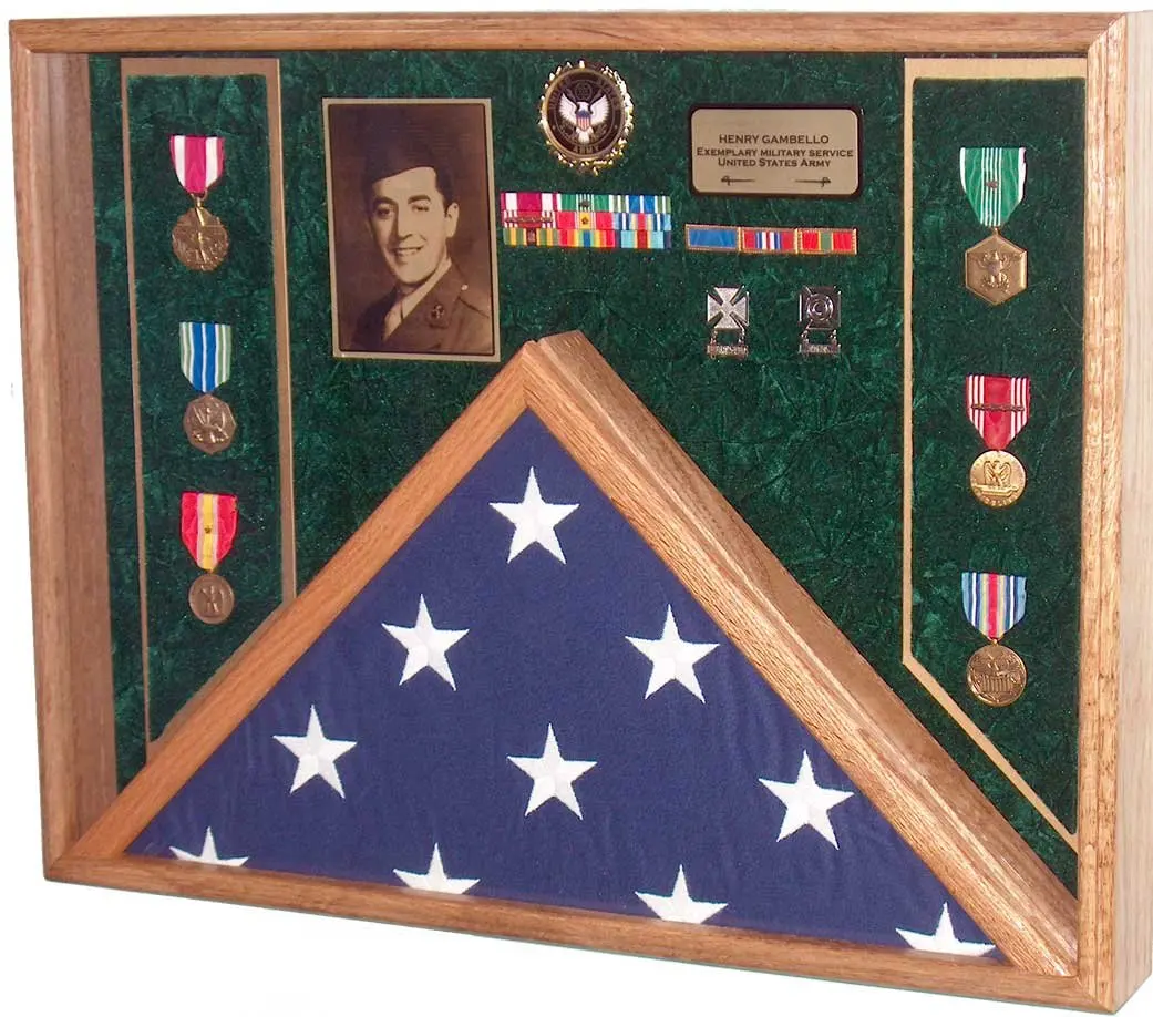All American Gifts Military Veteran Soldier Flag & Medal Display Case Shadow Box for 5x9.5 Funeral Burial flag (Army Emblem/Green velvet)