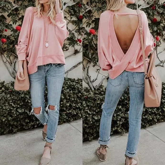 

E2 Women O-Neck Fashion Autumn Top Hoodies Spring Long Sleeve Streetwear Women's Clothing Solid Backless Irregular Plus Size, N/a