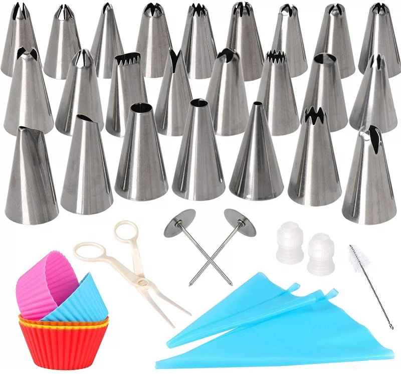 

2019 Amazon hot sale stainless steel cake decorating set tips nozzles set with partstry bags, cupcakes, nails, and brush, Sliver