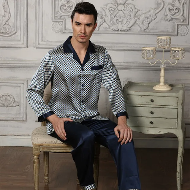 

KTFL1090 New fashion long sleeve satin 100% silk nightgown for men, Champagne gray