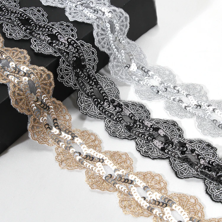 

Embroidery Sequin Beaded Floral Mesh Lace Trim for Dresses Clothing Decoration