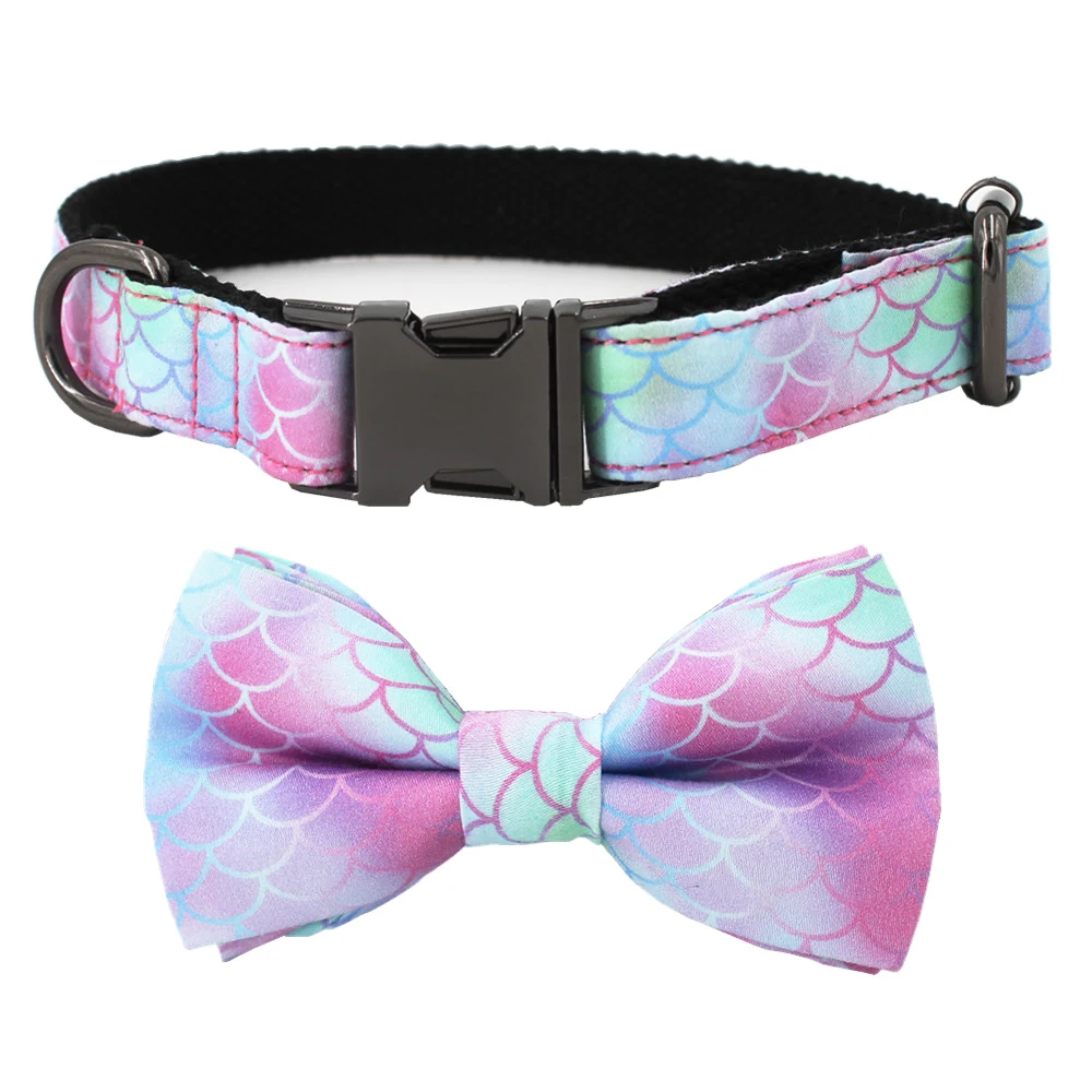 

Dream Purple Mermaid Pattern Dog Accessories Dog Collar Removable Bow Collar With Gun Black Metal Buckle
