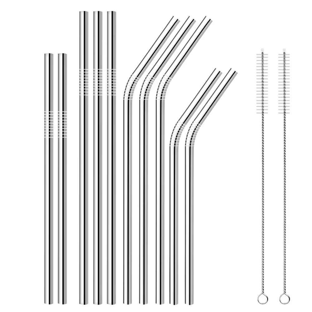 

silver color metal reusable drinking straw set bulk 304 stainless steel with case, Customized
