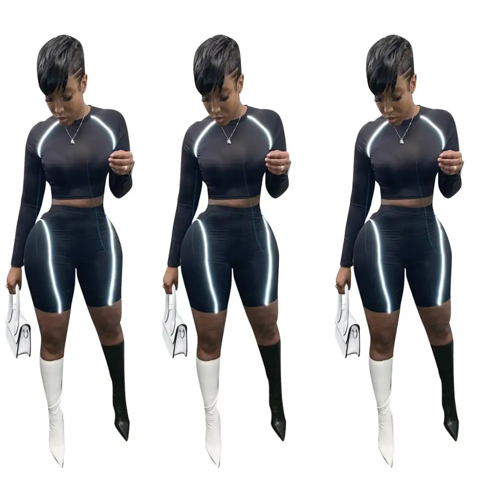 

women fashion shorts and crop top clothing set with reflective tape JA088