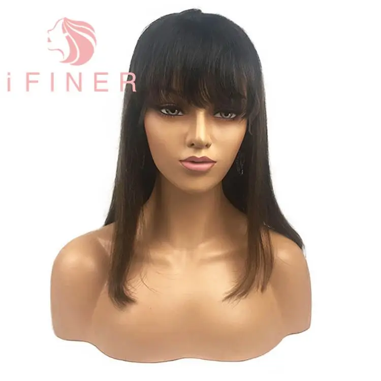 

iFiner Summer Natural Color 100% Straight 14inch Bob Front Fringe Human Hair Lace Wigs With Bangs For Black Women, N/a