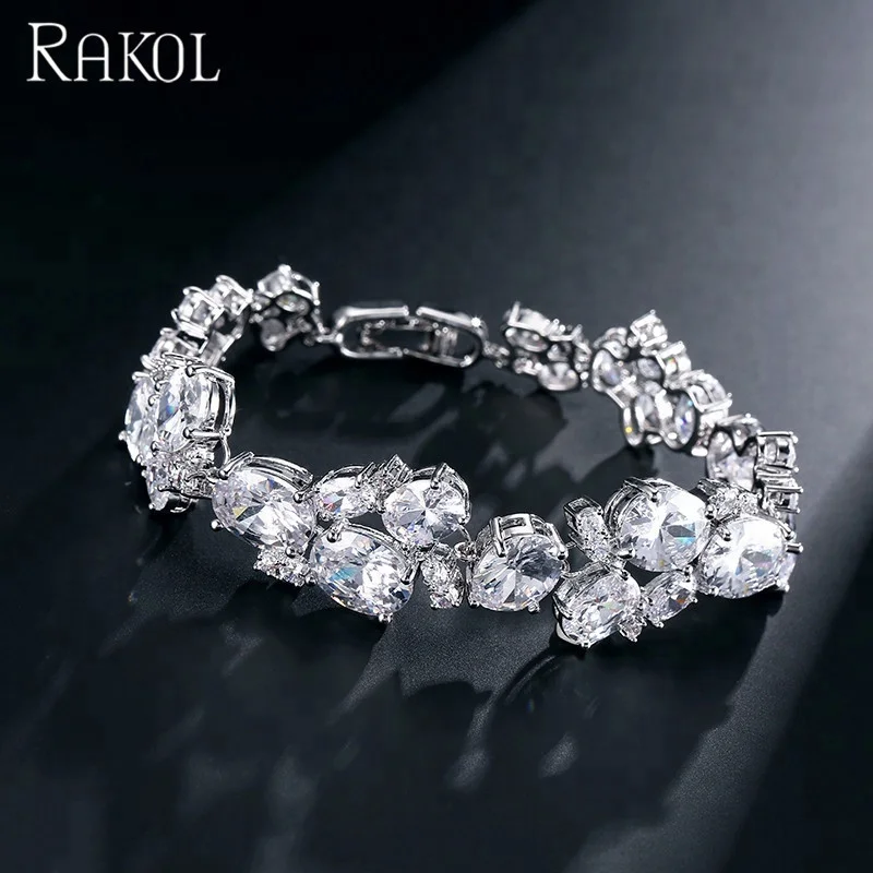 

RAKOL Luxury Cubic Zirconia big oval crystal Accessories charm CZ bracelet B133, As picture