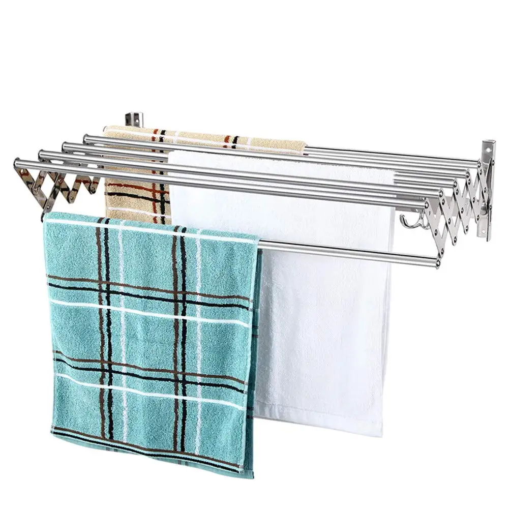 Warehouse delivery Retractable 304 Stainless Steel Laundry Drying Rack/Bathroom Folding Clothes Drying Rack Wall Mountwith Hooks