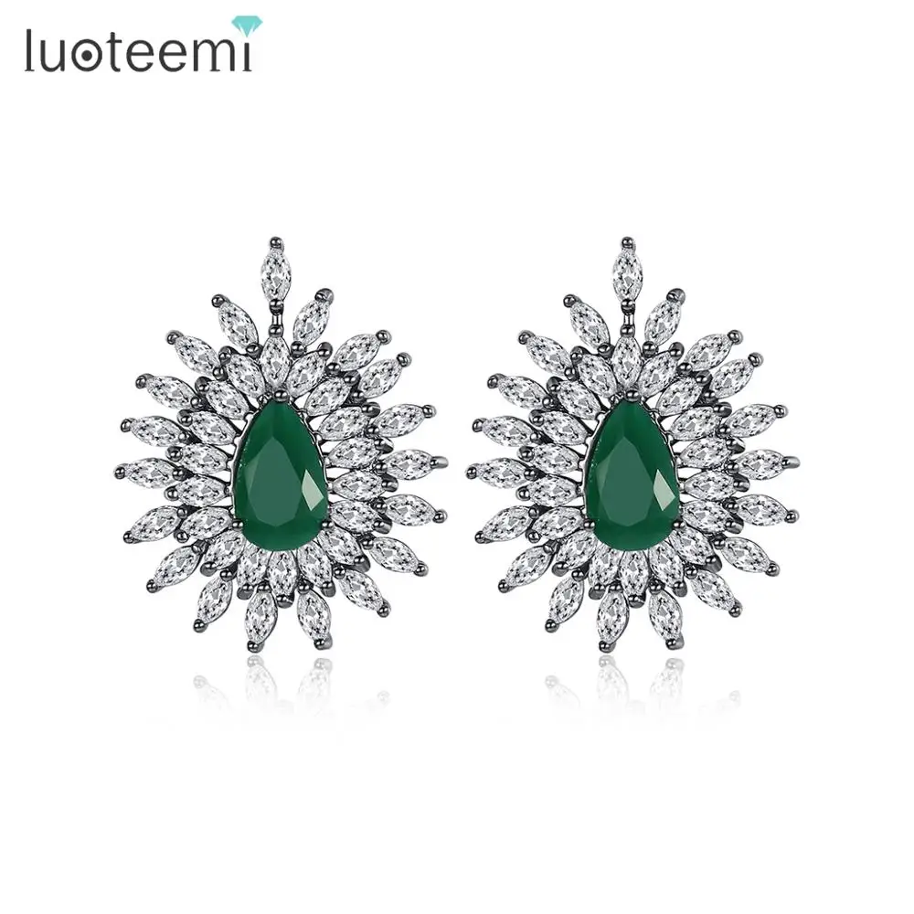 

LUOTEEMI Luxury Vintage Earringas Emerald Water Drop Shape Geometric Cubic Zirconia Stud Earrings For Women Jewelry