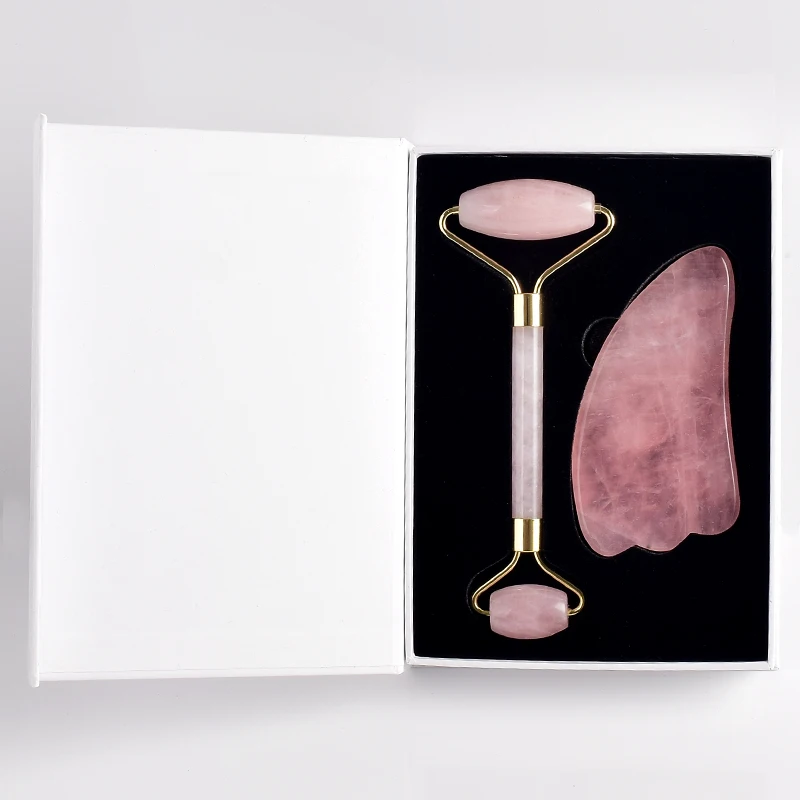 

New Product Face Slimming Amethyst Crystal Stone Board Roller Body Scraping Massage Tool Rose Quartz Jade Gua Sha Set., White green pink purple rose quartz jade roller