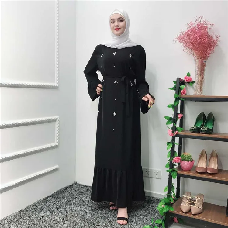 

2019 Newest model islamic luxury full length EID muslim maxi back dress abaya with belt, Mint green,black