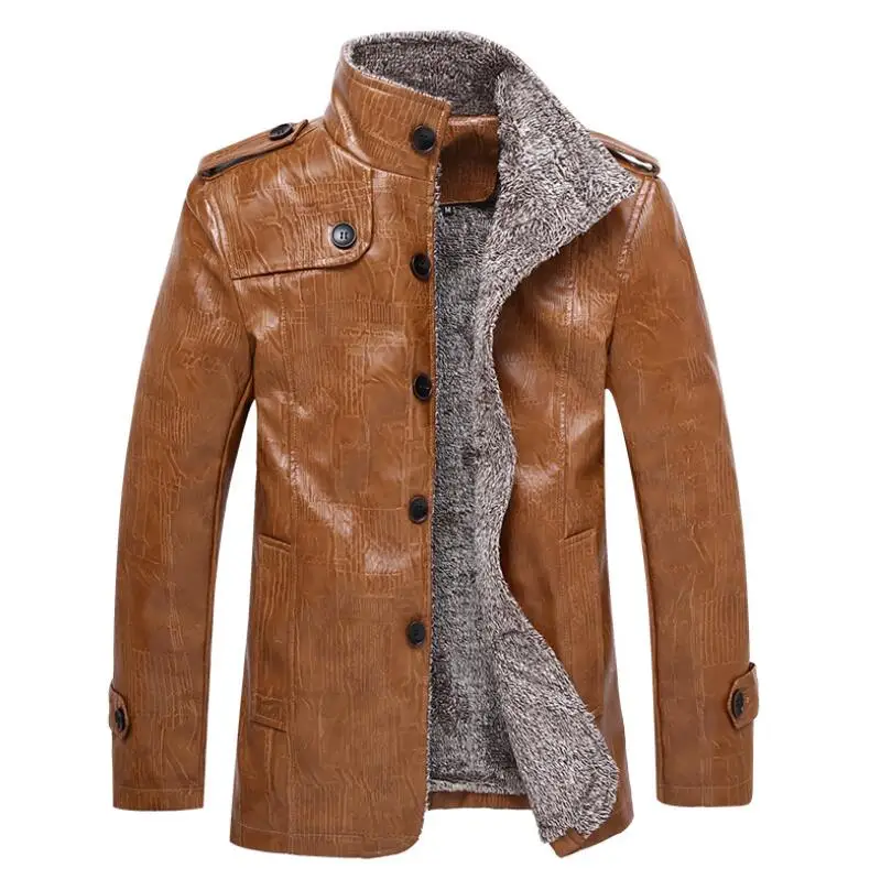 

ZY2113A Men's fur integrated leather coat with fleece thickened mid-length jacket, Khaki/black/coffe