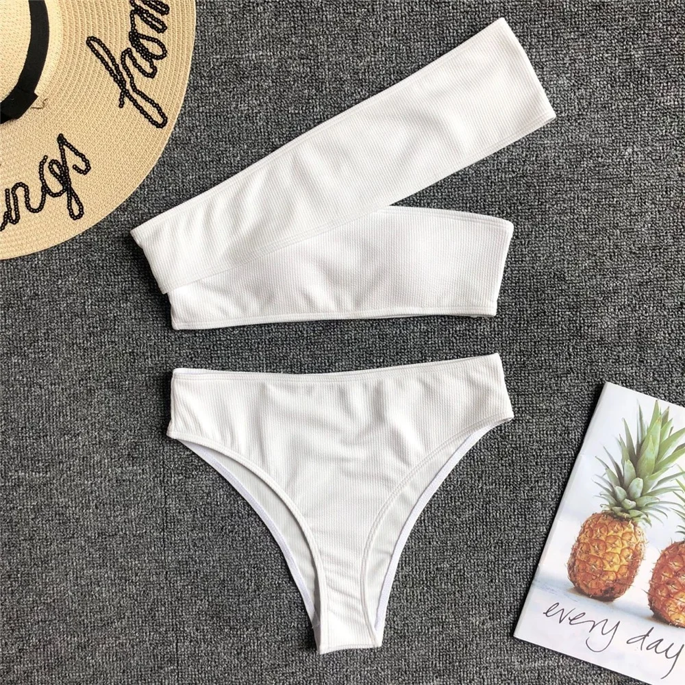 

Women 2 Piece Swimsuits One Shoulder Padded Top High Waist Bikini set, White;yellow;red;black;sky blue;orange