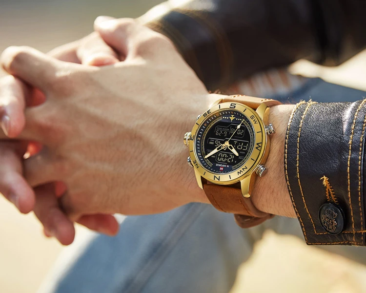 Luxury Brand Men NAVIFORCE 9144 Gold Army Military Watch Led Digital Leather Sports Watches Quartz Mens Clock Relogio Masculino
