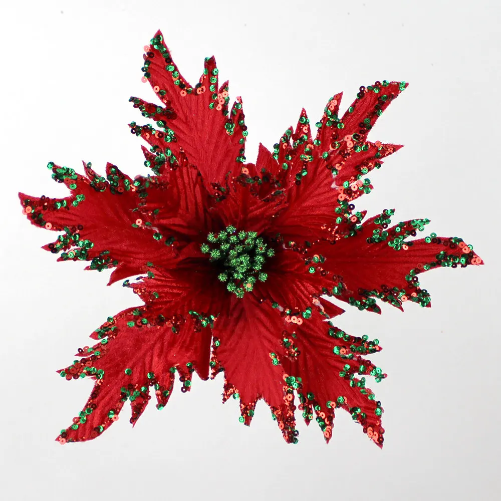 Christmas Poinsettia Flowers Picks With Glitter For Christmas Tree