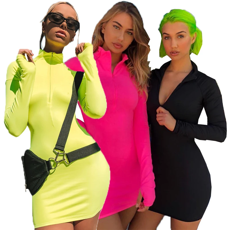 SAD1732010 solid color zipper collar long sleeve stretchy women sexy bodycon dress