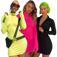 

SAD1732010 solid color zipper collar long sleeve stretchy women sexy bodycon dress