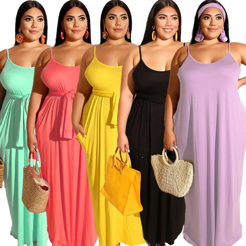 

Summer Solid Color Slip Long Big Plus Size Evening Dress For Fat Woman, N/a