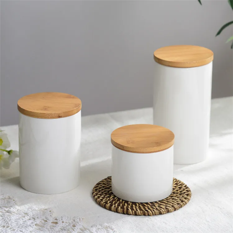 Bamboo cover cylinder shape unique kitchen white ceramic  canister sets for food storage 