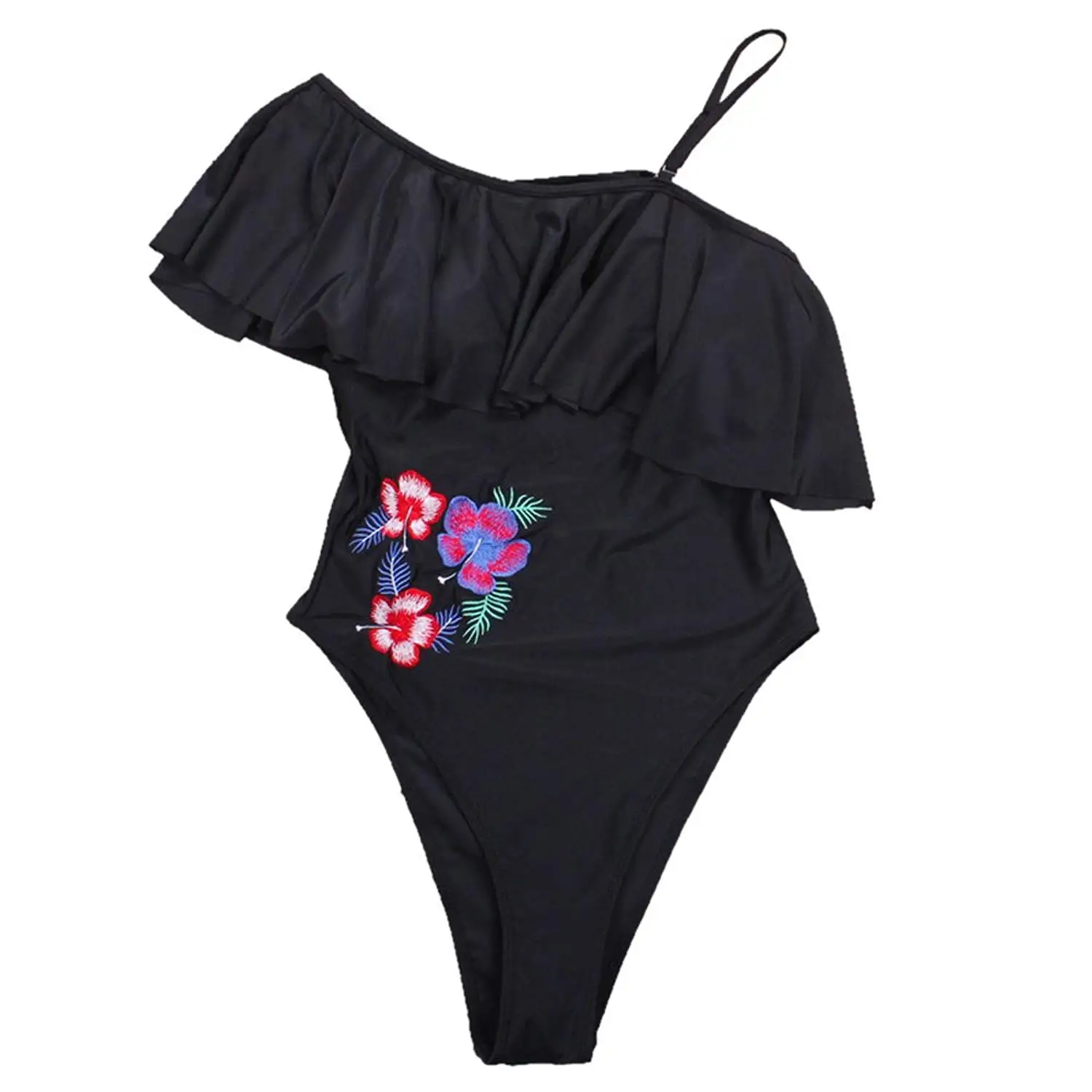 Youthny Women One Shoulder Swimsuit Ruffle Embroidery Monokini Bikini Bathing Suit Swimwear