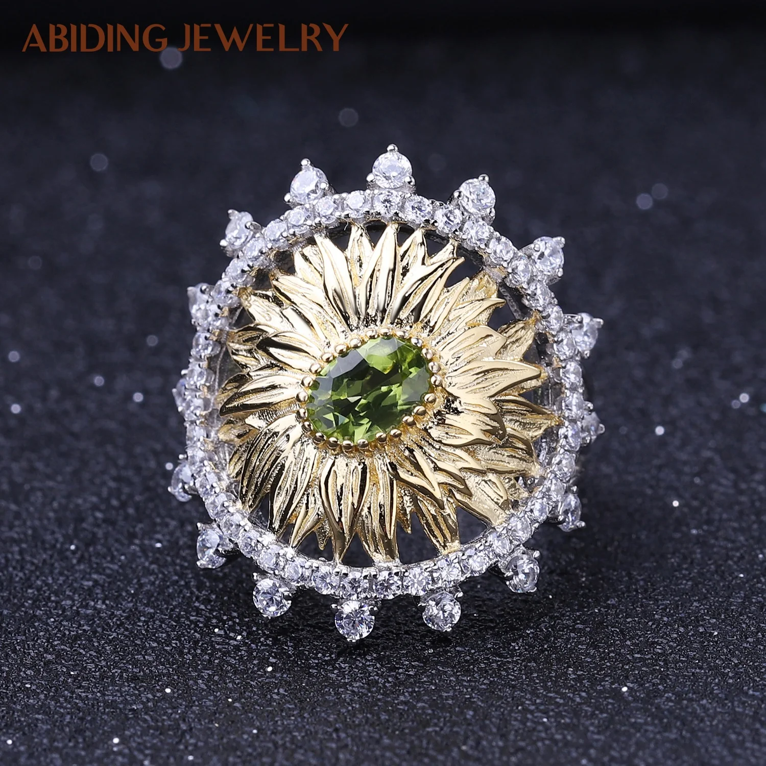 

Abiding Natural Peridot Gemstone Sunflower Rings 925 Sterling Silver Fashion women Ring Jewelry