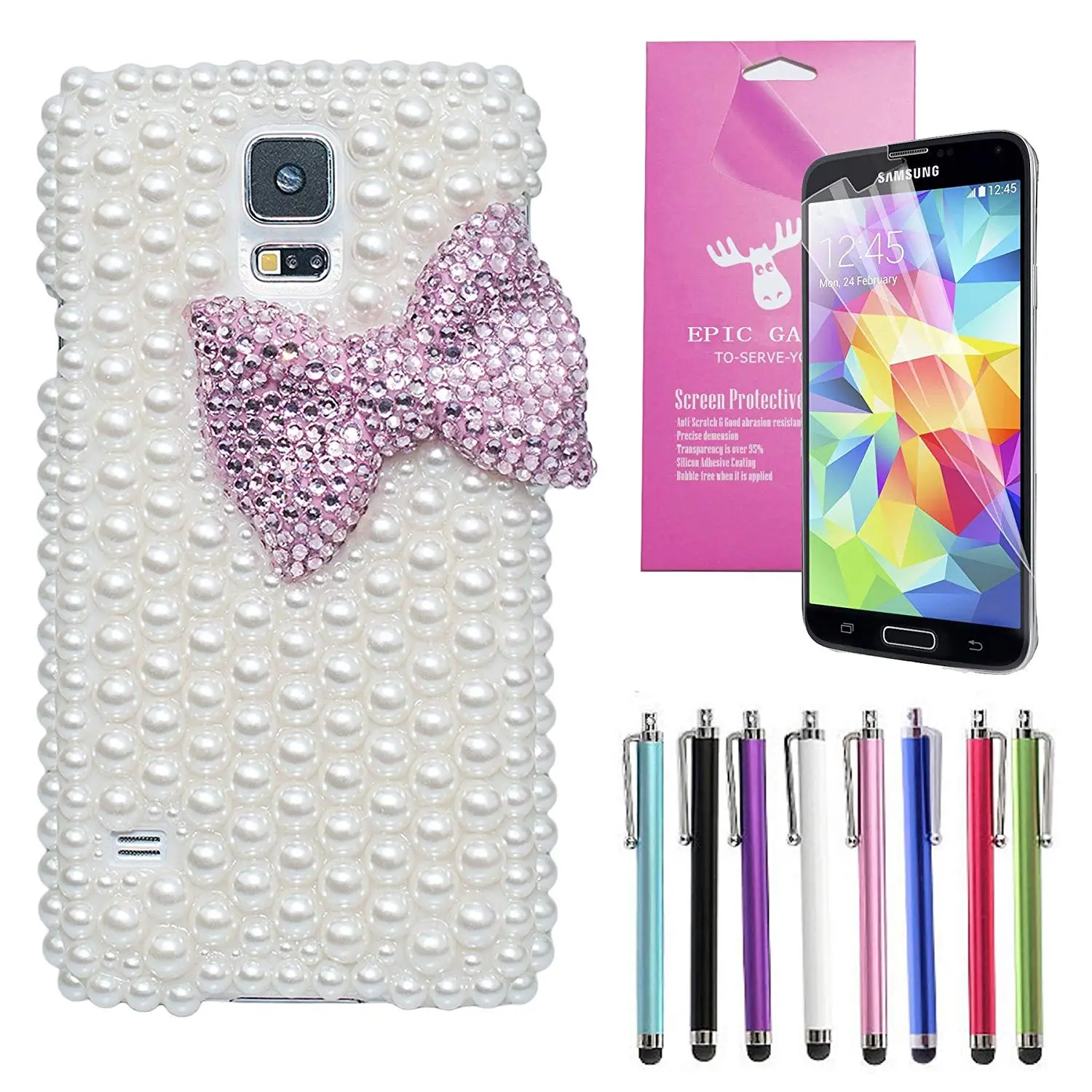 EpicGadget(TM) Luxury Handmade 3D Bling White Pearl Pink Ribbon Bow Knot Case Cover For Samsung Galaxy S5 i9600 + Screen Protector + 1 Stylus (Random Color) (US Seller!!) (Pink Pearl Bow Knot Case)