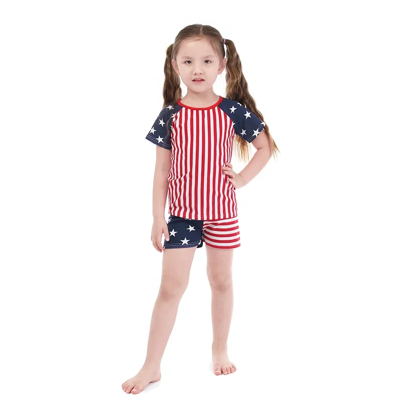

USA Newest Kid July 4th Clothes Raglan Sleeve Stripe and Star T-Shirt and Short Girl Baby Patriotic Day Clothing Set, Many colors available