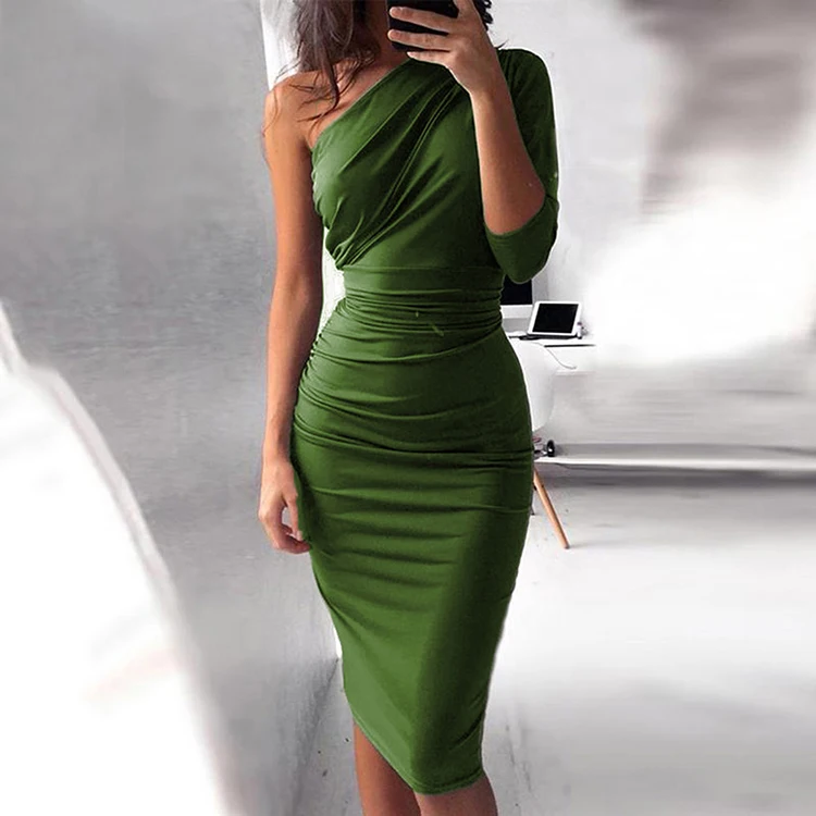 

Green 1/2 Sleeves Plain Tight Bodycon Dress Plus Size For Women, As show