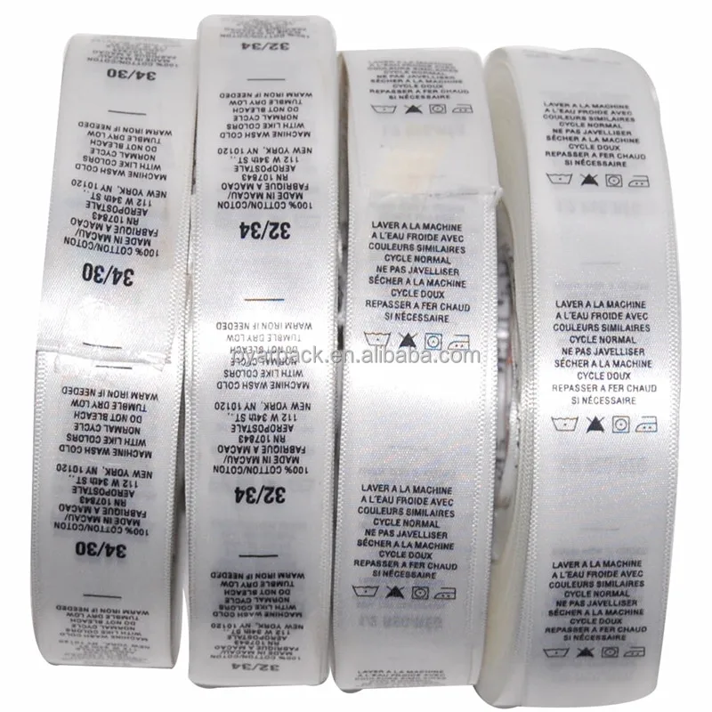 

100% cotton polyester clothing white satin ribbon wash care label with washing instruction for garment, White cloth with black text printing